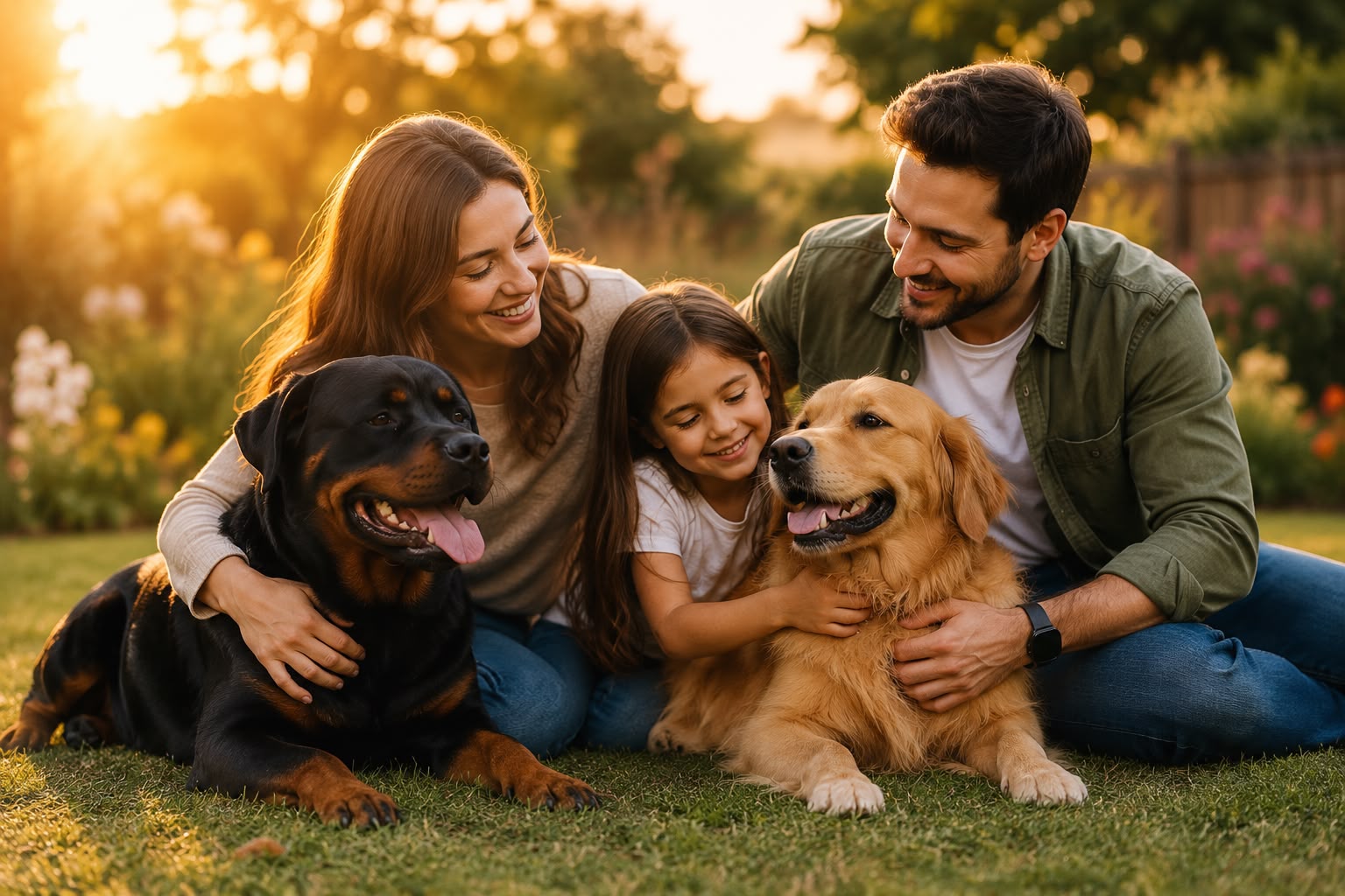 Una familia abraza con cariño a sus dos perros en un jardín al atardecer.